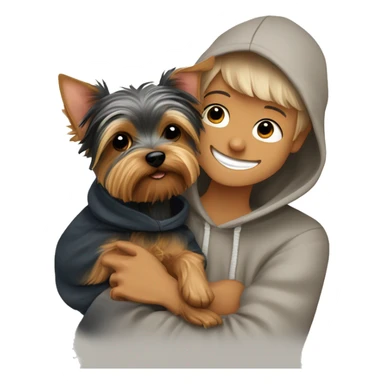 a cute Yorkie terrier boy, snuggling with his owner and the dog is in a hoodie ￼ sticker
