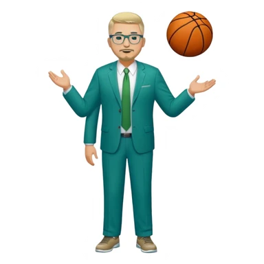 Full Body white male plus size wearing glasses with a goatee with light blonde and gray very short hair happy basketball head Coach in blue and green suit sticker