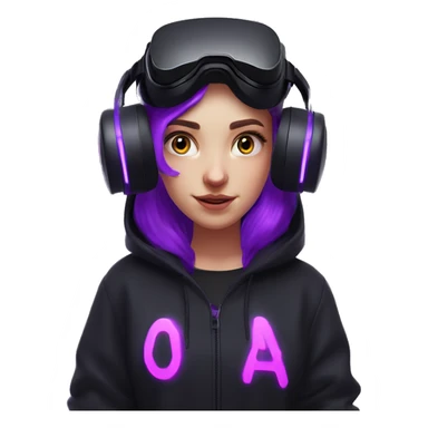 Russian girl wearing black hoody with violet letters "OMG", in vr headset oculus quest2. No eyes on headset. Cyberpunk style. Violet neon. sticker