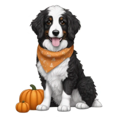 mostly black and white aussie doodle with a pumpkin and fall bandana sticker