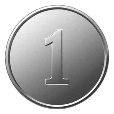 Emoji icon of a metal coin with engraved number 1, minimalist style, isolated, only metal color sticker