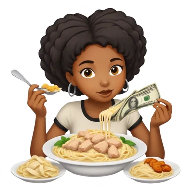 black girl eating chicken alfredo with money around her sticker