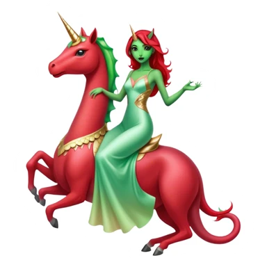 reptilian green alien woman, in long slim pastel red formal party satin dress with gradient shiny sparkling dark red, rides unicorn gold and white
 sticker