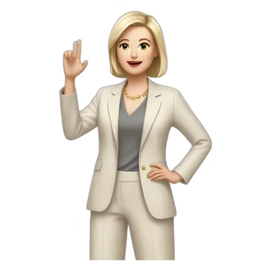 Full height Actively gesturing with hands pale skin woman with ash blonde Straightened bob Hair, White Spacious classical jacket, beige palazzo Arrow pants and gray blouse sticker