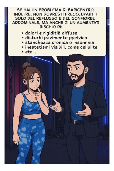 TRASFORMA QUESTO CAROSELLO IN UN FUMETTO STILE WEBTOON/MANGA A COLORI CON QUESTE DUE PERSONE IDENTICHE CHE INTERLOQUISCONO TRA LORO, L'uomo sta spiegando alla donna questo concetto MENTRE LA DONNA SI TIENE L'INDICE SUL MENTO ASCOLTANDOLO PENSIEROSA:

Se hai un problema di baricentro, inoltre, non dovresti preoccuparti solo del reflusso e del gonfiore addominale, ma anche di un aumentato rischio di:
    • dolori e rigidità diffuse
    • disturbi pavimento pelvico
    • stanchezza cronica o insonnia
    • inestetismi visibili, come celluluite
    • etc… sticker