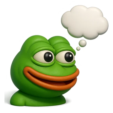 make a pepe in bright green smiling with thought bubble looking at left side in 3d style, good highlights and shadows, drop shadows sticker