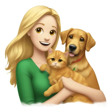 Women holding an orange cat and a golden retriever via a Christmas tree sticker
