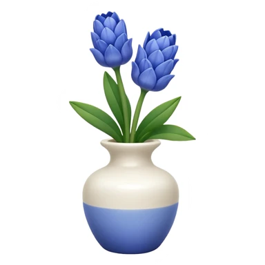 A small white vase holding a single blue hyacinth flower with green leaves. sticker