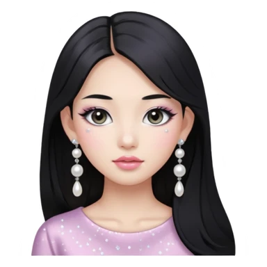 asian long black hair silver grey eyes glossy lips glittery white and light pink eyeshadow girl pearl earrings sticker