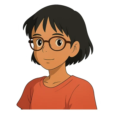 ghibli style Asian girl with tan skin, short black hair, and glasses sticker