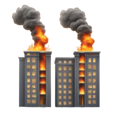 two identical buildings with one of the buildings on fire with smoke billowing out sticker