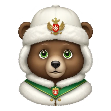 Very cute dark brown bear face with big green eyes and sweet expression, wearing a completely white fur hat with the Russian Federation coat of arms (double-headed eagle) in the center sticker