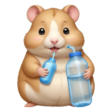 Cute chubby cartoon-style hamster hugging an oversized water bottle, sipping with tiny straw, happy expression. Painterly shading, expressive eyes, white background, sticker-style illustration sticker