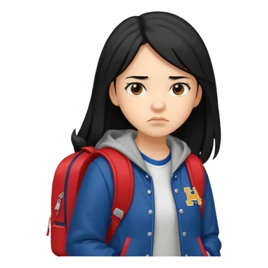 college student with annoyed face , black hair , with varsity jacket and backpack , girl, long hair,  sticker