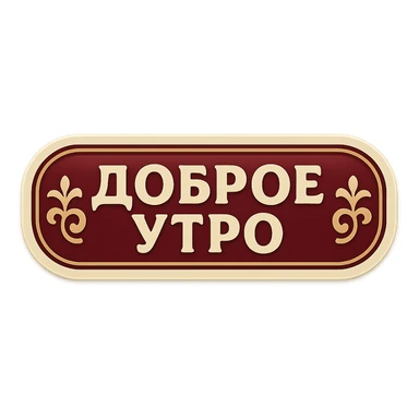 elongated horizontal plaque with the text 'Доброе утро', retro sticker style, burgundy background, beige letters, minimalist eastern ornament on the edges, soft shadows, transparent background sticker