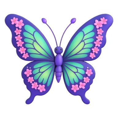 whimsical magical butterfly, #c0ff53 green wings, deep purple edges, glowing, fine veins, layered shimmering textures, pink flowers on wings, dreamy pink dust, sparkling magical dust, mystical light bursts, pastel orbs, deep blue elegant body, 3D cartoon, fantastical sticker