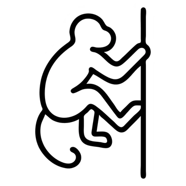 icon style monkey in a climbing position, only feet on stick, head turned away, simple icon sticker