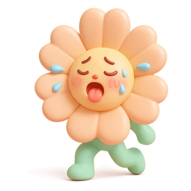 soft peach cosmos flower with a flushed, panting face doing exercise, sweat flying off in exaggerated style, gentle pastel palette, vinyl figure style sticker