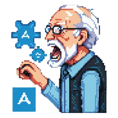old man yelling at an abstract Azure Machine Learning logo sticker