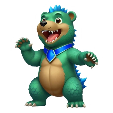 Green dancing bear with blue collar and Godzilla head sticker