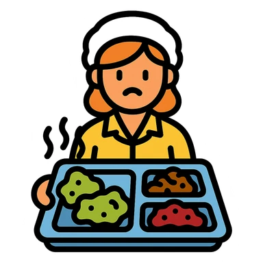 lunch lady serving unappetizing, gross cafeteria food icon with color and black outlines sticker