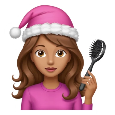 mujer peinandose en la peluqueria y con un gorro de navidad rosado, cabello largo café y ondulado sticker