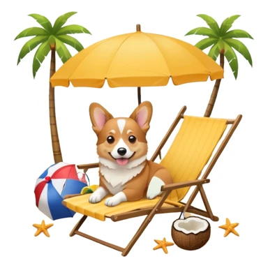 a corgi dog laied on a beach chair, a sunny beach, a sun umbrella, and beach coconut trees. the icon should capture the essence of a relaxing beach vacation with a carefree atmosphere sticker