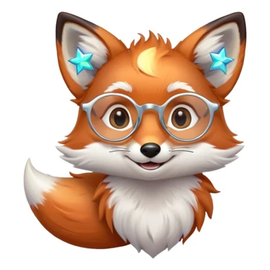 A gentle fox with iridescent fur, a glowing tail, a silver star on its forehead, and round glasses, smiling softly with closed, happy eyes. 🦊😊 sticker