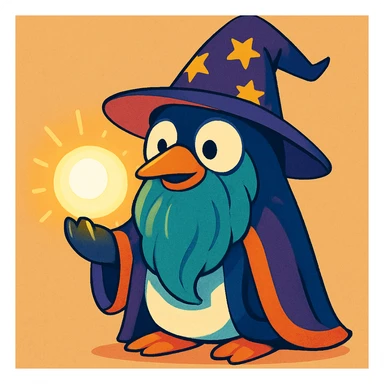 whimsical fantasy style penguin wizard with a long beard, holding a glowing orb sticker