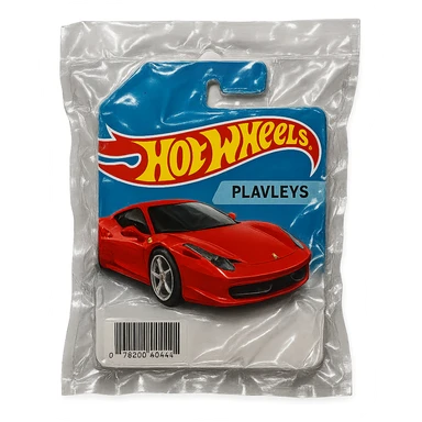 Hot Wheels packaging with a red Ferrari car labeled 'PLAVLEYS', glossy, no background sticker