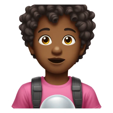 Young boy with pacifier in his mouth dark curled hair and a pink tshirt  sticker