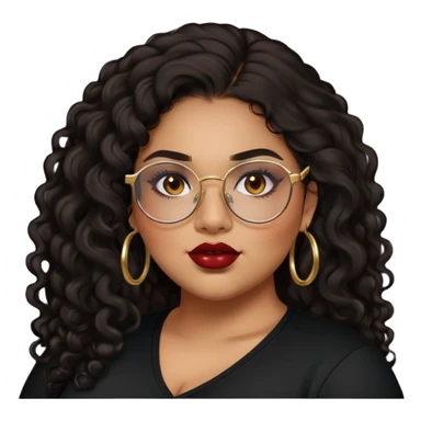 teen big plus size, latina, darker tan skin, gold hoops, long black curly hair, baddie,pretty, makeup, dark red lipgloss, black eyeliner, long hair, black shirt, BLACK glasses sticker