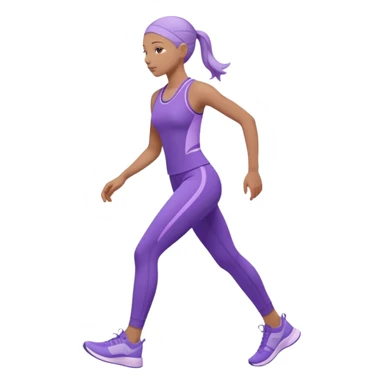 Modern premium 3D emoji icon: faceless gender-neutral person walking (mid-step) in sporty activewear, smooth rounded shapes, matte + subtle gloss, top-left studio light, soft shadow, faint motion trail. Purple outfit with lavender accent (no navy). Centered, transparent background, no text sticker