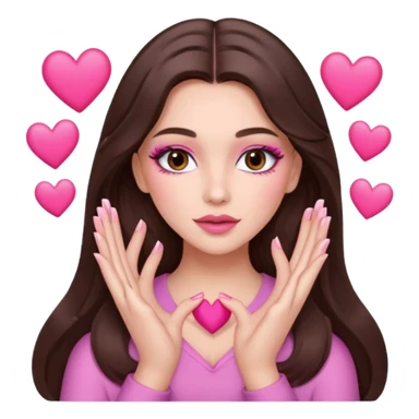 Pink and brown emoji, love emoji inspired with brunette hair, brown eyes, long hair, heart shape lips and pink make up making a heart with her hands and pink nails, mauve pink blush sticker