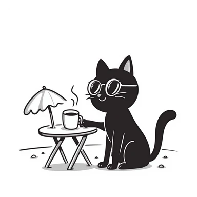 a cat wearing glasses and drinking coffee sitting at the beach sticker