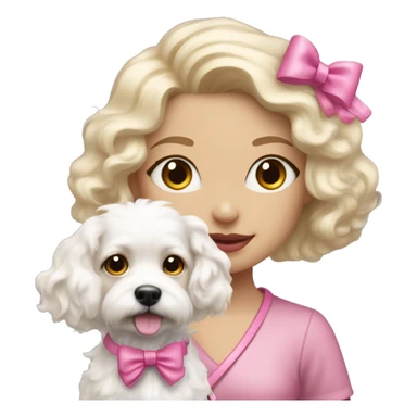 blonde girl with wavy hair and soft pink lips taking a little fluffy white dog for a walk with a pink bow and leash  sticker