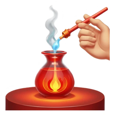 Glassblowing and casting icon, molten glass being shaped into a delicate object with a blowpipe, glowing red-hot glass being poured into a mold, unfinished glass sculpture, minimalistic style, clean lines, transparent background. sticker