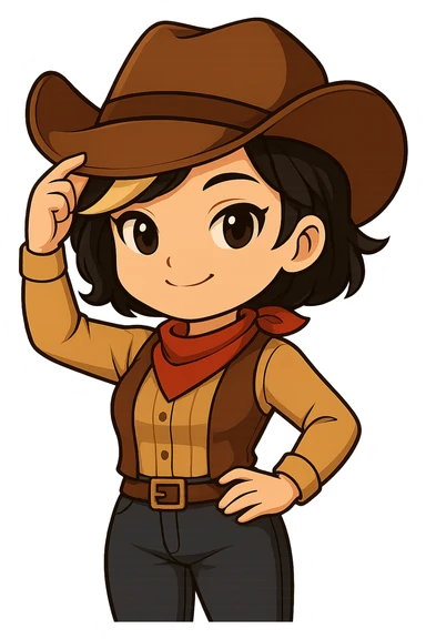 Sexy chibi cowgirl with short hair and a blonde streak, wearing a cowboy hat and western outfit, no guns. Pose: standing with one hand on hip, other hand tipping hat, confident smile, chibi/anime style, sized for Twitch or Discord use, transparent background. sticker