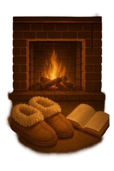 cozy slippers and a book by a fireplace, warm glow sticker