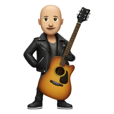 bald musician with guitar indoors and leather jacket sticker