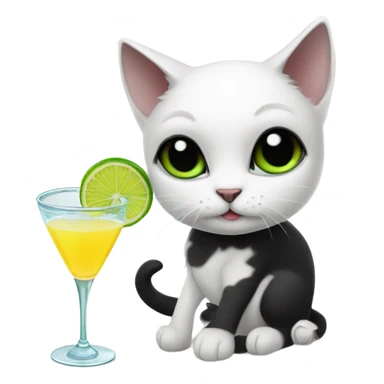 Create a white cat with black ears and a black tail drinking a margarita sticker
