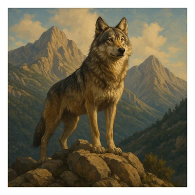 a majestic wolf standing on a rocky peak inspired by the Taygetos mountains, wild and noble expression, natural colors, detailed fur, hint of Greek wilderness sticker