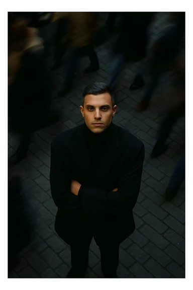 overhead shot of me standing still on a brick city sidewalk, wearing a dark oversized blazer,
motion-blurred crowd rushes past around me. Moody lighting, 35mm film look, shallow depth of field, sharp focus on me. sticker