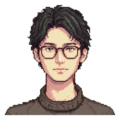 a dark-haired guy with hair to his earlobes, square glasses, brown eyes sticker