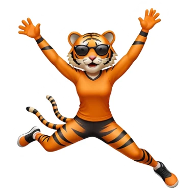 female energetic anthropomorphised tiger in sports clothes, wearing dark sunglasses, jumping with excitement, arms raised sticker
