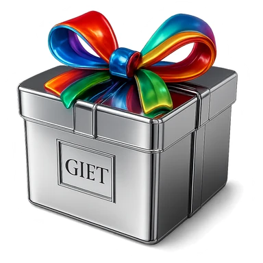 Make the bow on the chrome gift box colorful while keeping the box metallic and polished, no background. sticker