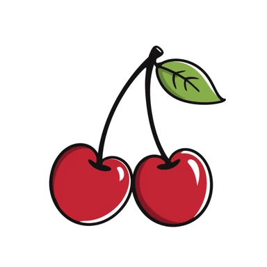 Hand-drawn pair of crimson red cherries with stem and leaves sticker