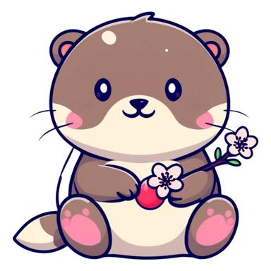 cute otter holding a cherry blossom flower sticker