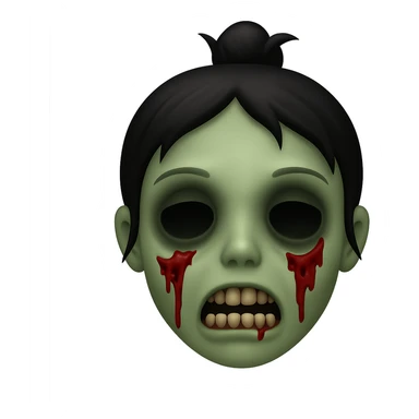 Create a zombie emoji with black hair styled in a messy bun, in the style of Apple emojis. The emoji should have the typical zombie features with greenish skin and a spooky expression, combined with the distinct Apple emoji look and feel. sticker