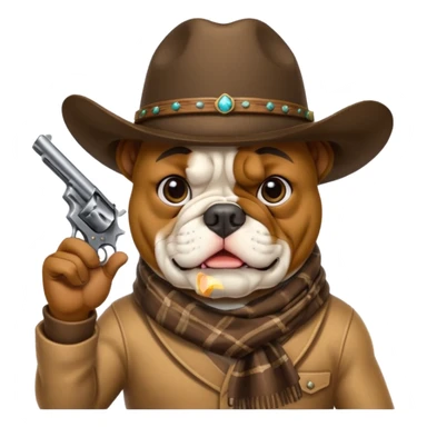 A bulldog wearing a cowboy hat, covering his mouth with a scarf so he wouldn't be recognized, pointing a revolver at you, telling you to hand over your money. sticker